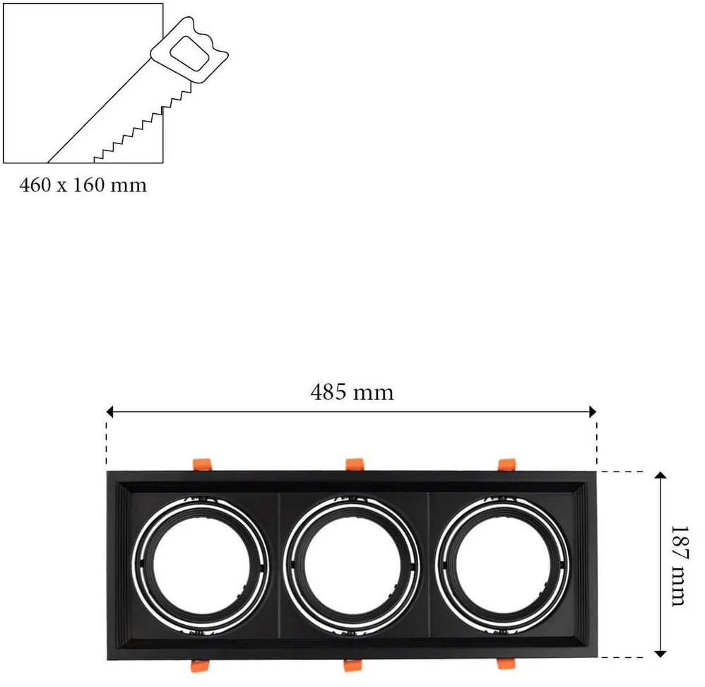 Faro da Incasso Orientabile Nero - 3 lampade AR111 Foro 460x160mm
