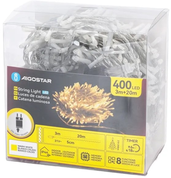 Aigostar - Catena luminosa natalizia LED da esterno, 400 LED, 6W, 230V, 20 m, IP44, bianco caldo