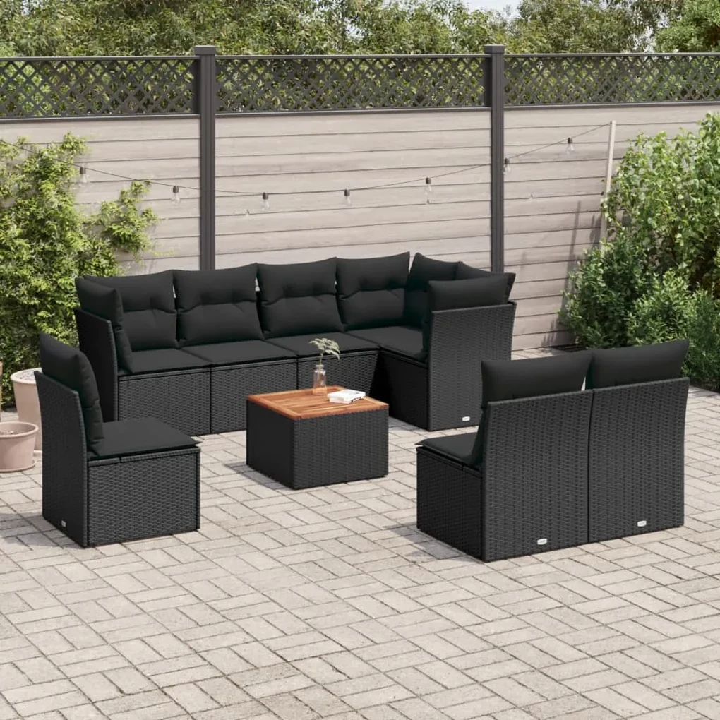 Set divani da giardino 9 pz con cuscini nero in polyrattan