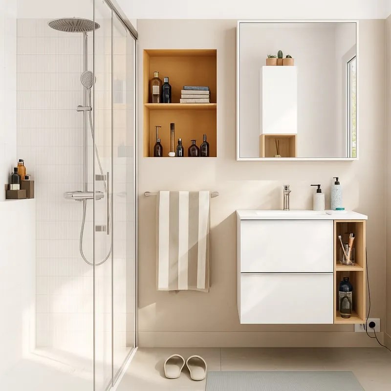 Mobile bagno sospeso con lavabo, top incluso L 60 x H 55 x P 45 cm bianco e  miele 2 cassetti per vasca centrale Modern