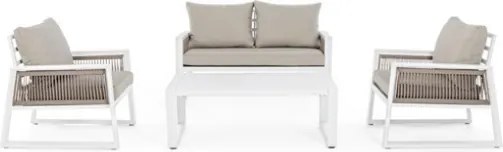 Salottino Da Esterno In Corda E Alluminio Con Cuscini E Tavolino Bianco Captiva Bizzotto
