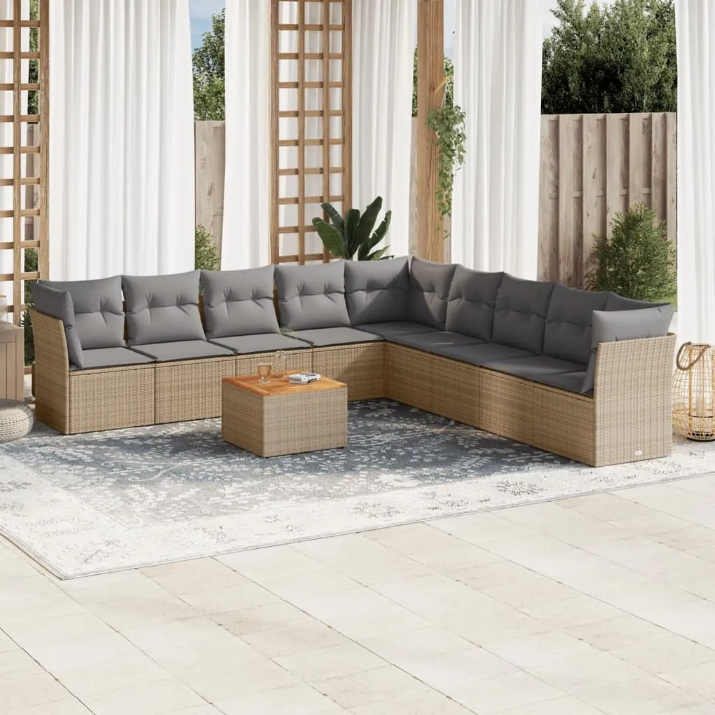 Set divano da giardino 10 pz con cuscini beige in polyrattan