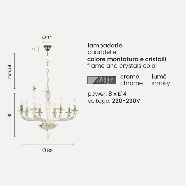 Lampadario a sospensione D82 cm VILLA a 8 luci in vetro lavorato a mano FUMČ