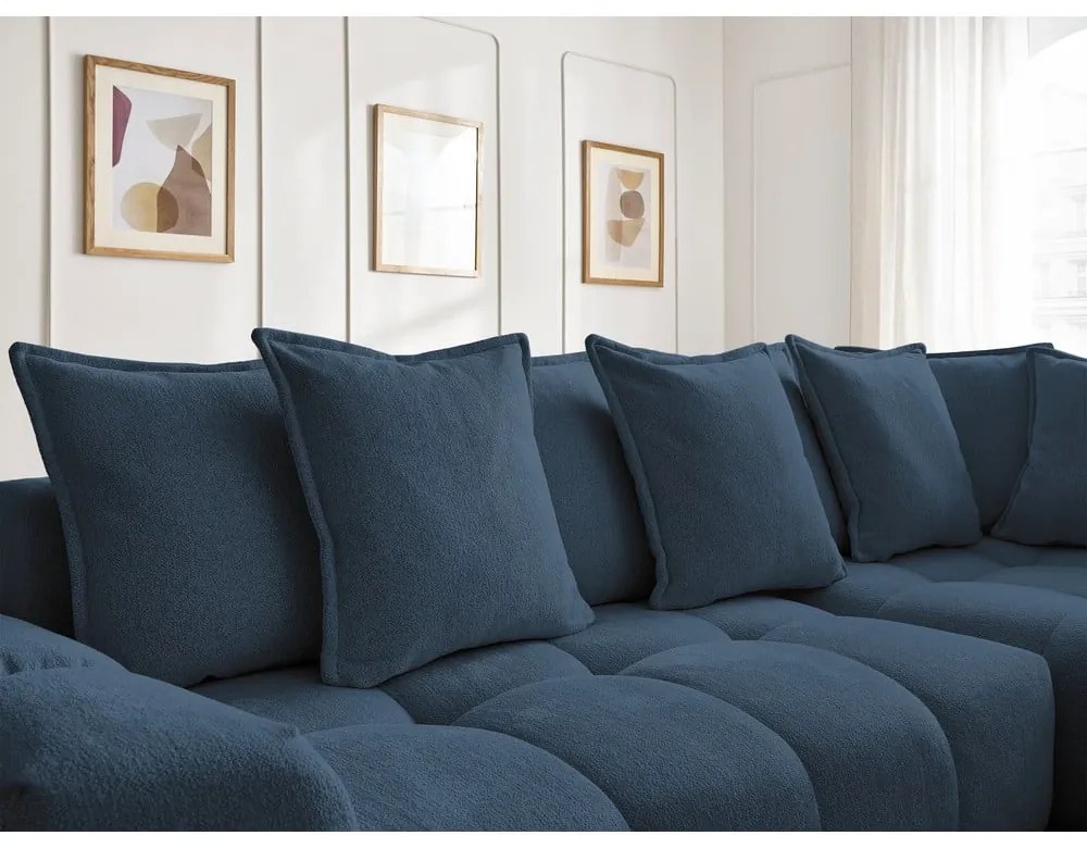 Divano angolare blu scuro allungabile e con contenitore (penisola a destra/a L) con rivestimento in ciniglia Everest – Bobochic Paris