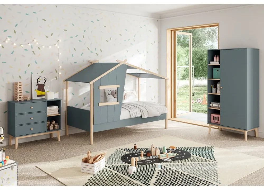 Letto da bambini a forma di casa verde polveroso in pino massiccio con rete inclusa 90x190 cm Luba – Marckeric