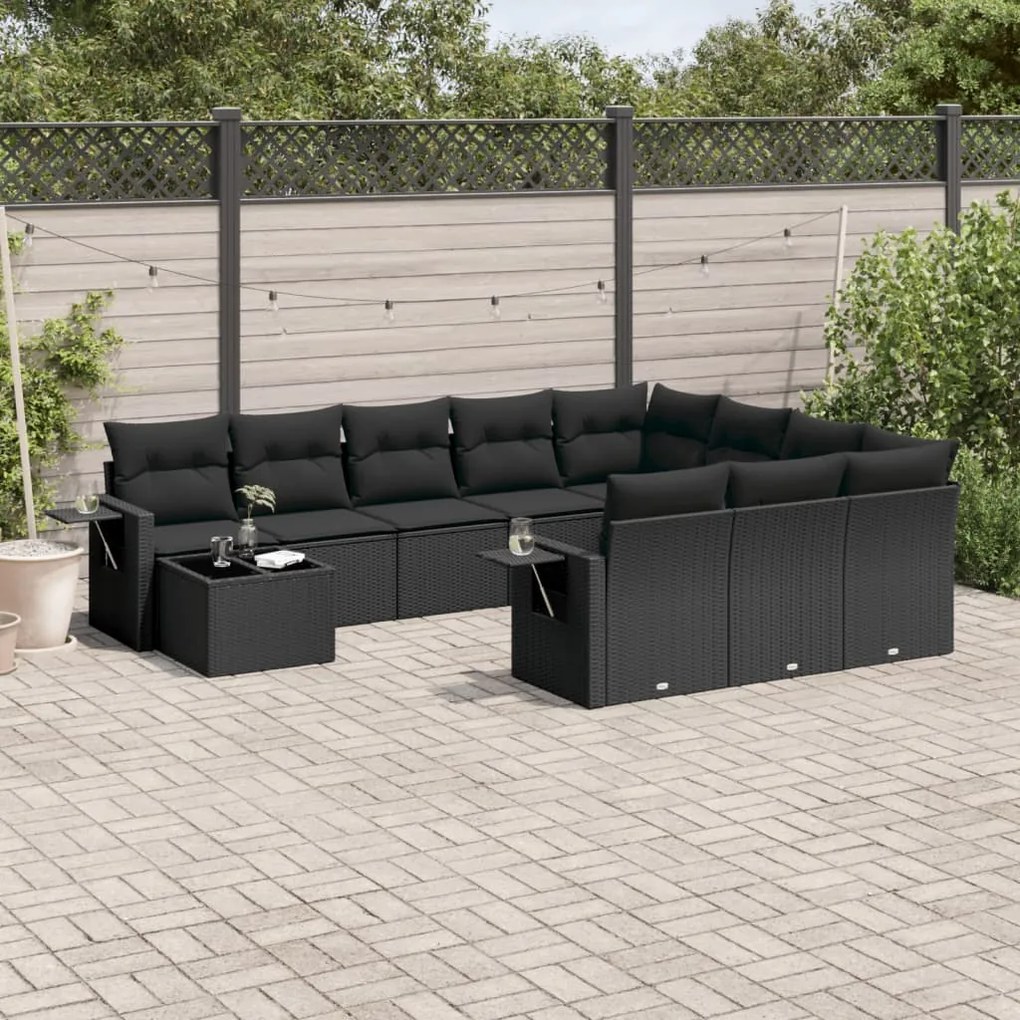 Set divani da giardino 11 pz con cuscini in polyrattan nero