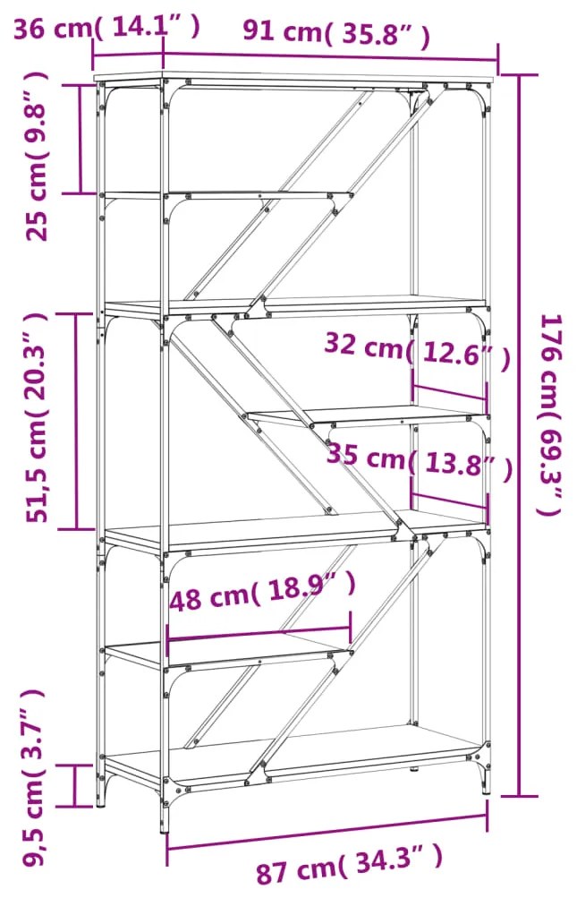 Libreria Rovere Fumo 91x36x176 cm Legno Multistrato e Acciaio