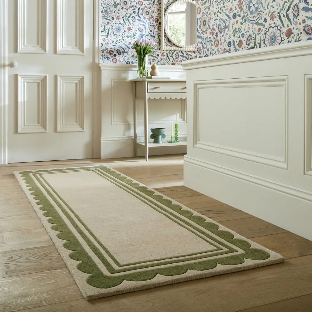 Passatoia in lana tessuta a mano di colore verde-naturale 80x230 cm Lois Scallop - Flair Rugs