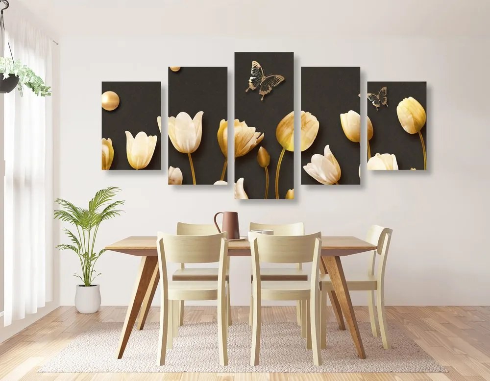 Quadri 5 pezzi – Tulipani con motivo dorato