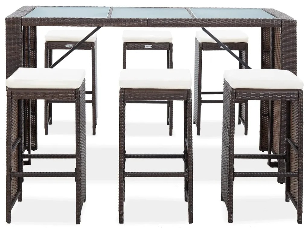 Set da bar da giardino 7 pz con cuscini in polyrattan marrone