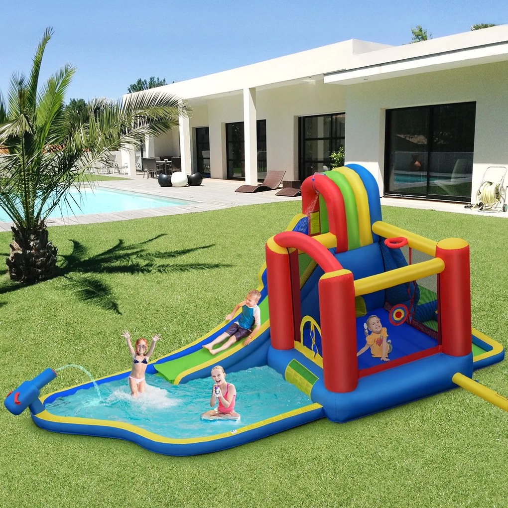 Costway Parco acquatico gonfiabile con scivolo e compressore, Casa gonfiabile con piscina grande per bambini 3-10 anni