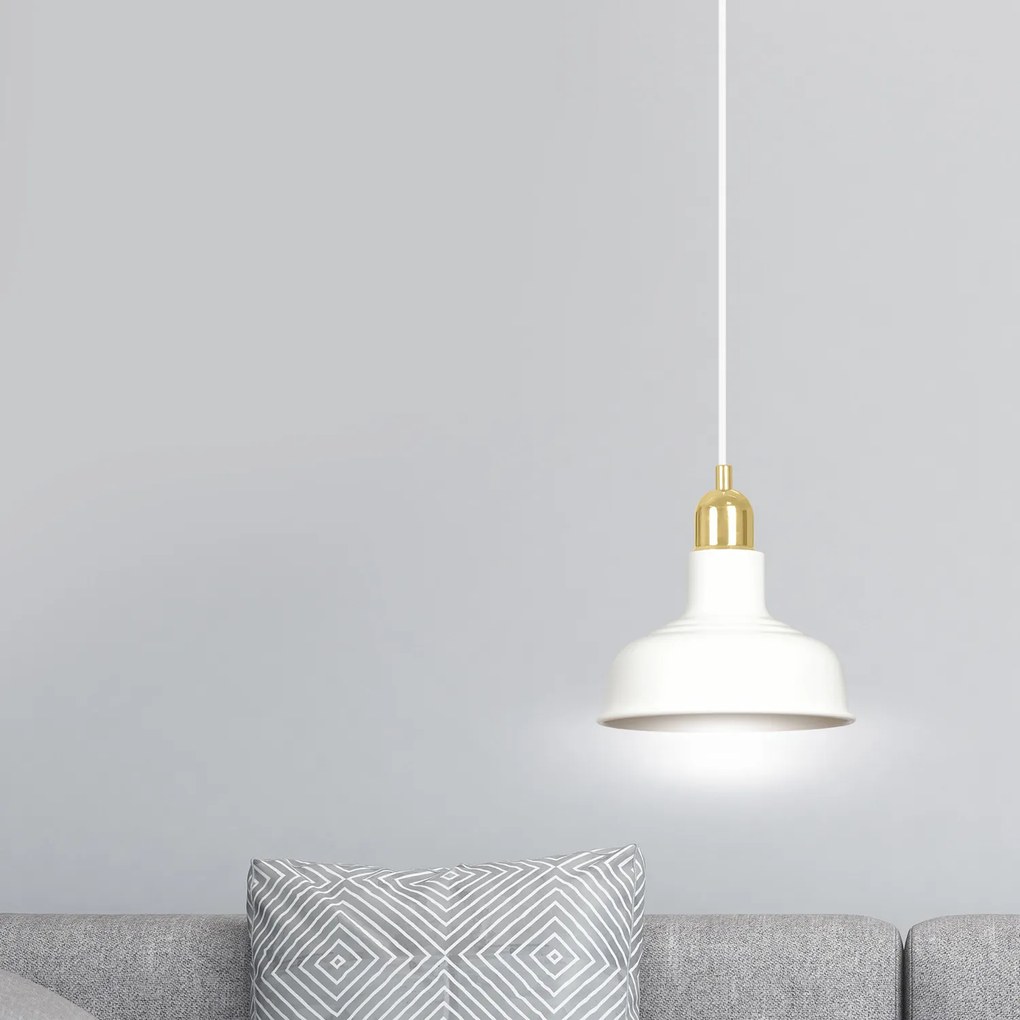 Sospensione Industrial 1 Luce Kubera In Acciaio Bianco Con Elementi In Oro