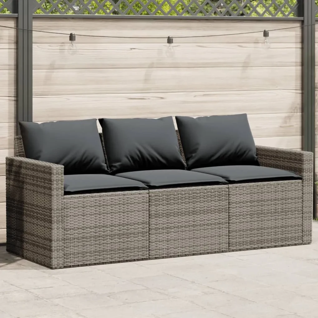Divano da giardino con cuscini 3 posti grigio in polyrattan