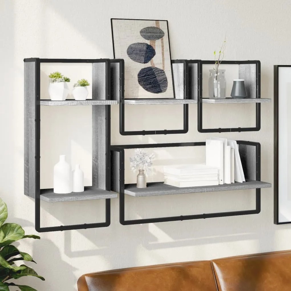 Set Mensole Parete Con Aste 4pz Grigio Sonoma Legno Multistrato /