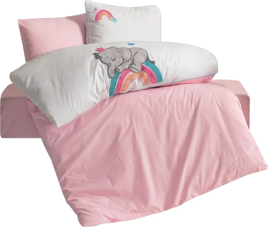 Set copripiumino e federa da bambini bianco/rosa in cotone per culla con lenzuolo incluso/4 pezzi 100x150 cm Lucky – Mijolnir