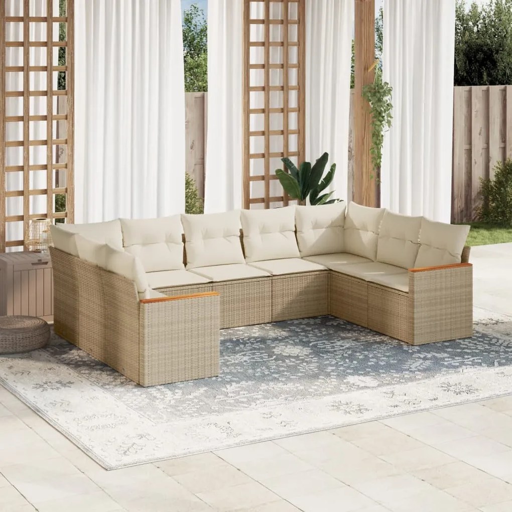 Set divano da giardino 9 pz con cuscini beige in polyrattan