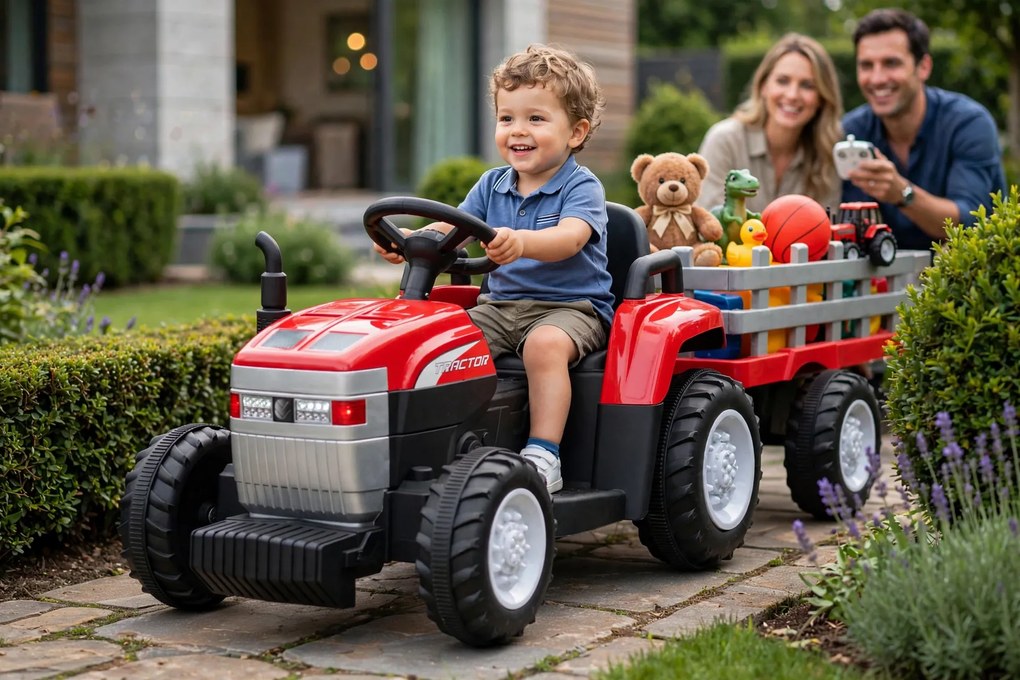 Trattore Elettrico per Bambini 12V con Rimorchio Rosso...