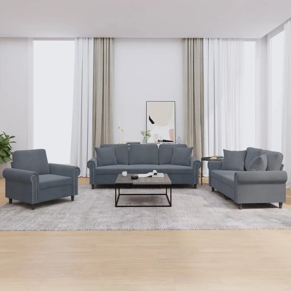 Set Di Divani 3 Pz Con Cuscini Grigio Scuro İn Velluto /
