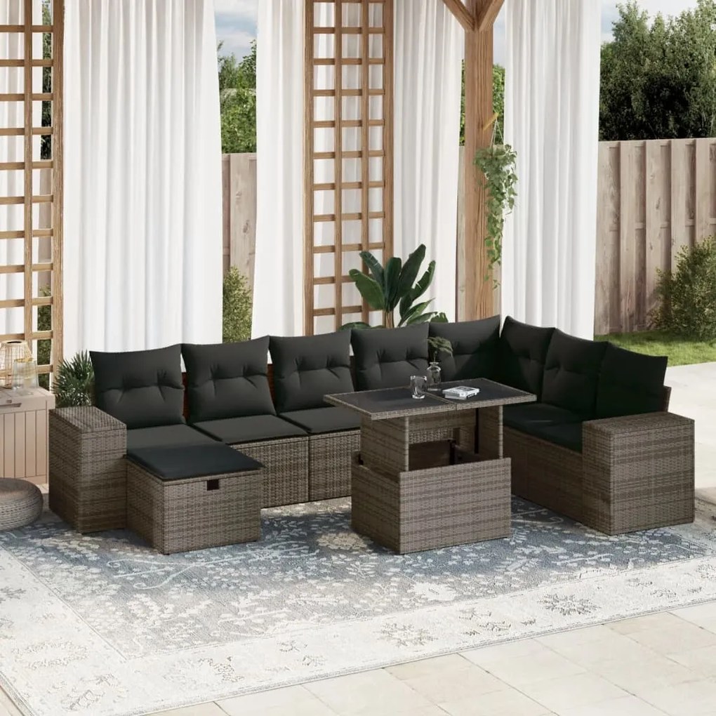 Set divano da giardino 9 pz con cuscini grigio in polyrattan