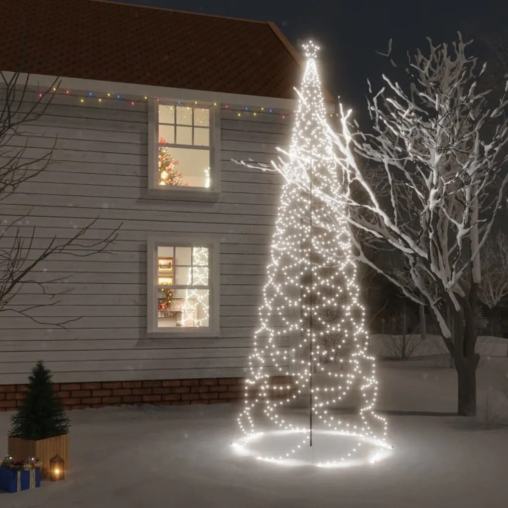 Albero di Natale con Palo in Metallo con LED Multicolore e Bianco, 3 m e 5 m, Bianco Freddo / 500 / 5 m