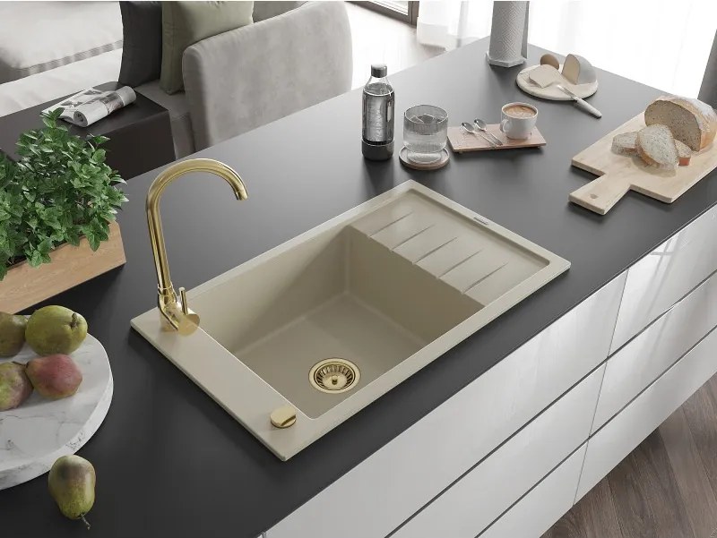 Mexen Elias lavello in granito a 1 vasca con gocciolatoio 795 x 480 mm, beige, sifone dorato - 6511791005-69-G
