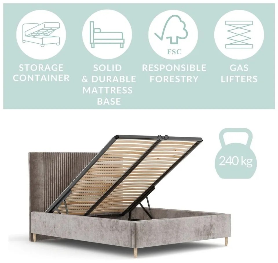 Letto matrimoniale imbottito grigio con contenitore con rete inclusa 140x200 cm Etero – Maison de Rêve