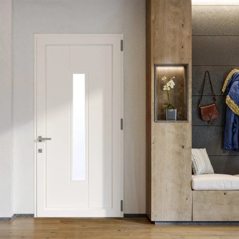 Porta d'ingresso DOLCETTI in PVC pannello bugnato mod.191 con vetro L 80 x H 210 cm in PVC bianco, apertura spingere a destra, falso telaio non incluso