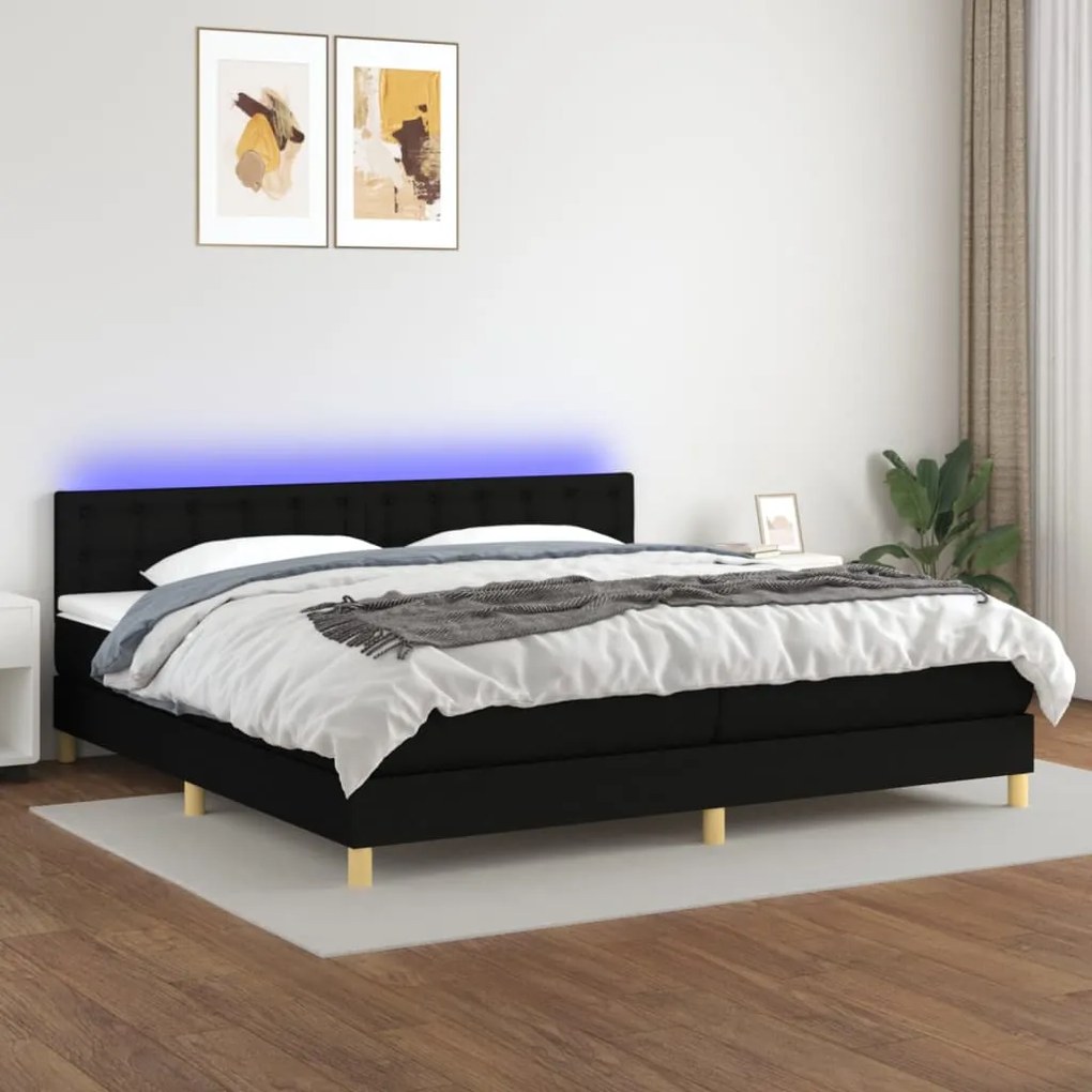 Letto a molle materasso e led nero 200x200cm in tessuto