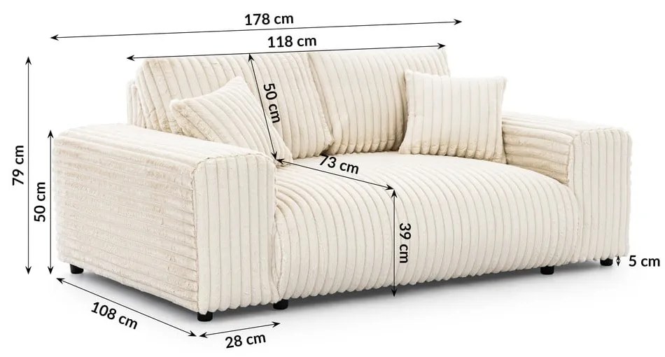 Divano color crema con rivestimento in velluto a coste 178 cm Justin – Ropez