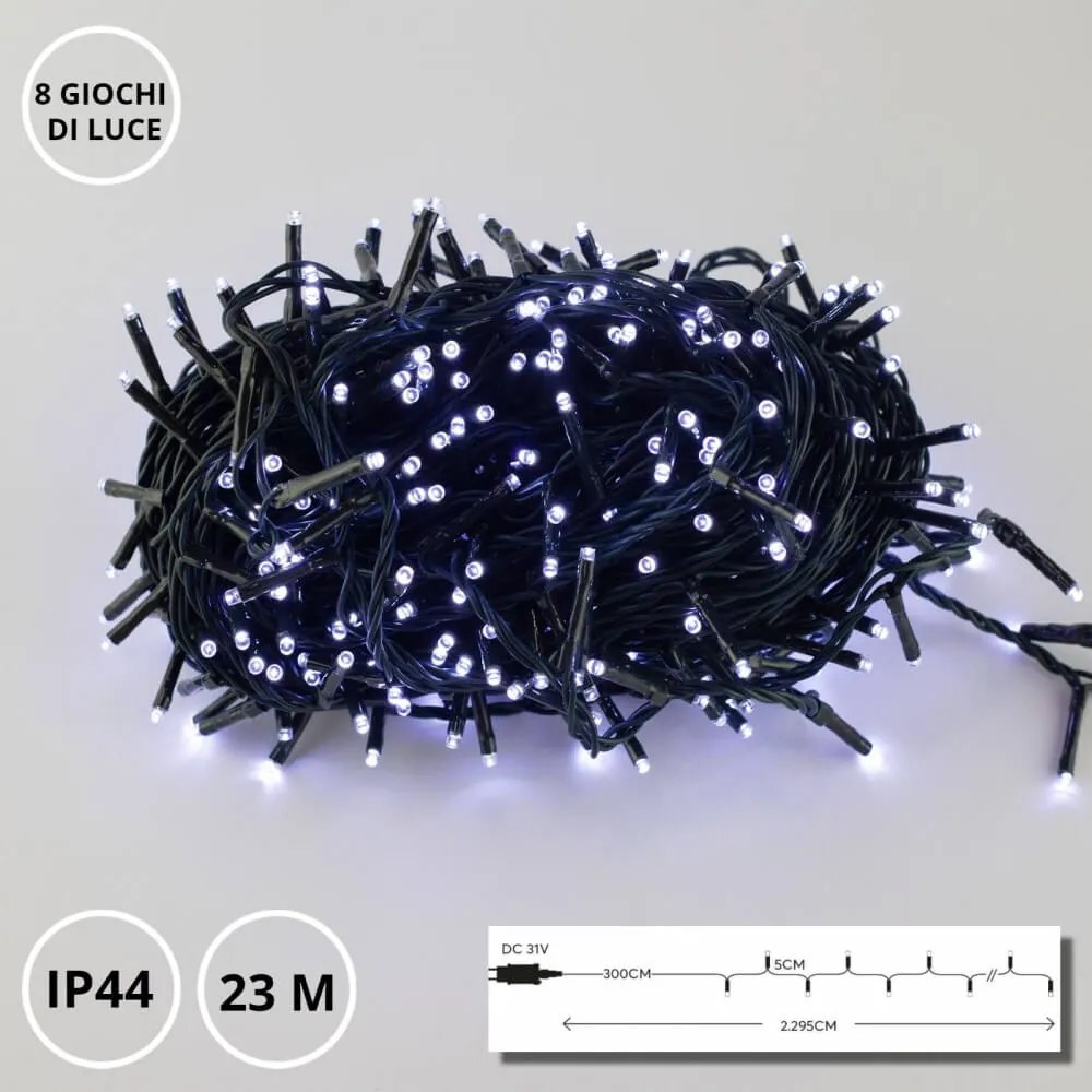 Catenaria NATALIZIA LED 8 GIOCHI DI LUCE, 23m, IP44 - Cavo VERDE Colore Bianco Freddo 7500 - 8500 °K