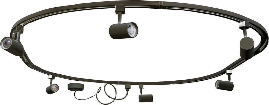 Sistema di illuminazione a binario moderno con 6 faretti neri, monofase, ovale 100 cm - Iconic Jeana