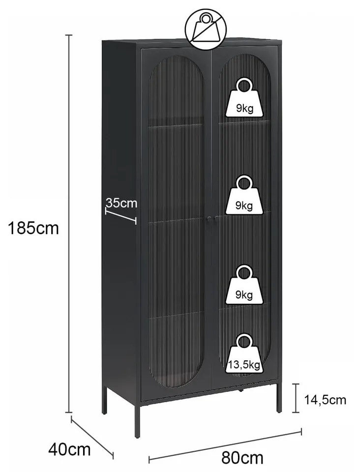 Vetrina in metallo nero 80x186x40 cm Luna - Støraa