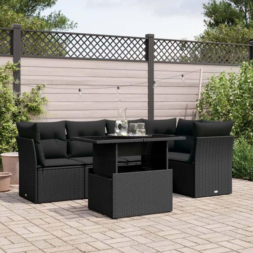 Set divano da giardino 6 pz con cuscini nero in polyrattan