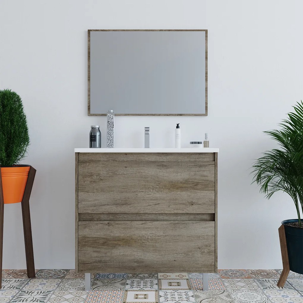 Mobile bagno 80 cm a terra lavabo ceramica specchio 2 cassetti rovere 305040H