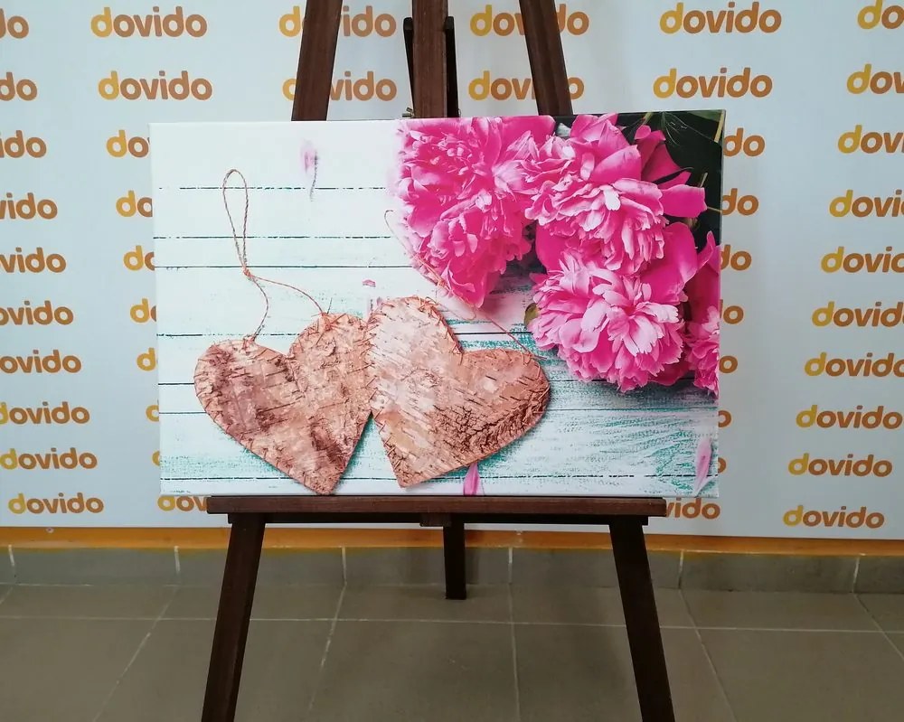 Quadro su tela – Peonie e cuoricini di betulla