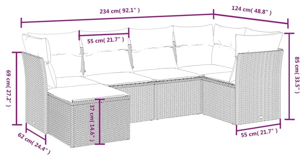 Set Divano da Giardino 6 pz con Cuscini Grigio in Polyrattan