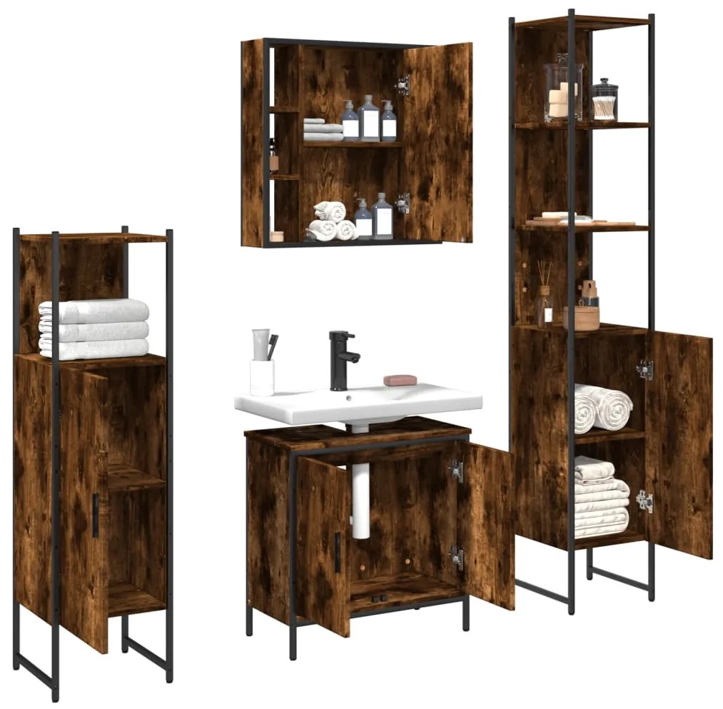 Set mobili da bagno 4 pz rovere fumo in legno multistrato