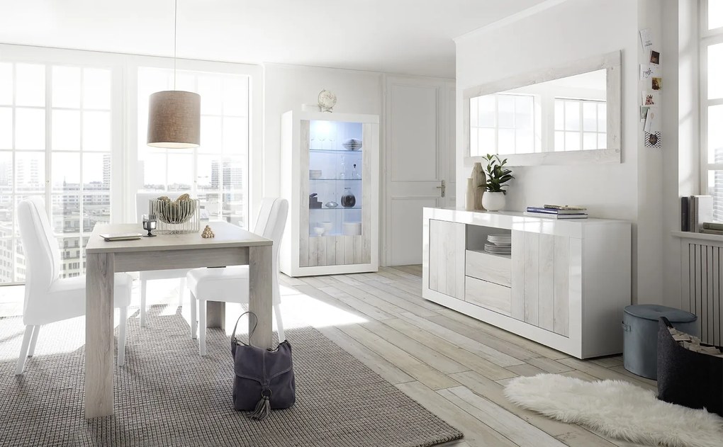 Sala completa di design con Madia, Vetrina e Tavolo allungabile, finitura Pino Bianco e Bianco Lucido