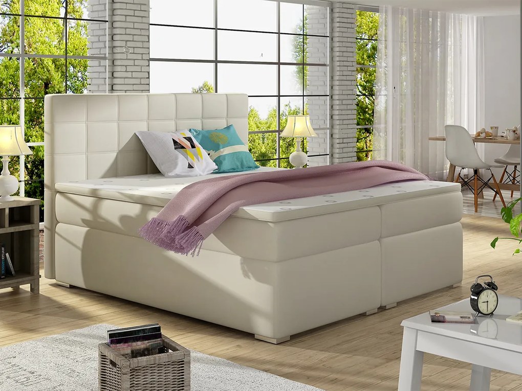 Letto matrimoniale boxspring Sara - 160 x 200 cm , Ecopelle bianco panna