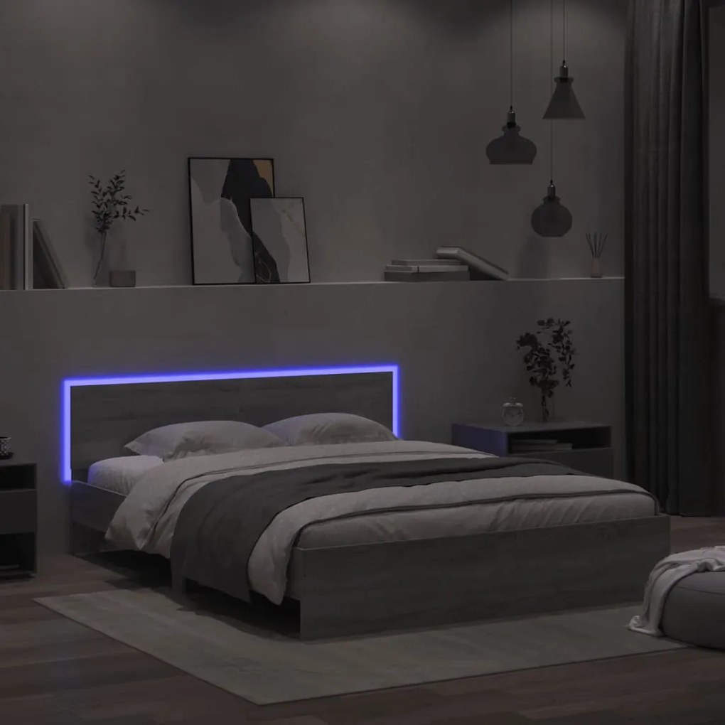 Giroletto con testiera e led grigio sonoma 160x200 cm