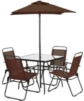 Set Pranzo 6 Pezzi per Giardino Patio con Ombrellone 4 Sedie Pieghevoli Marrone