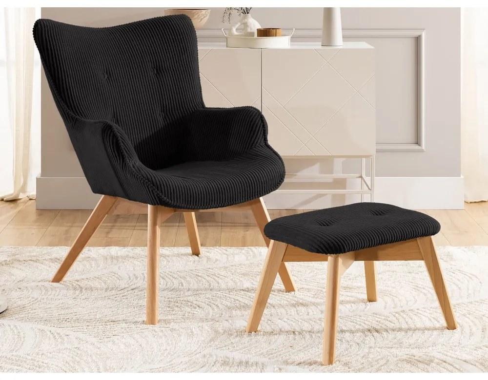 Poltrona con poggiapiedi nera con rivestimento in velluto a coste Niko – Ropez