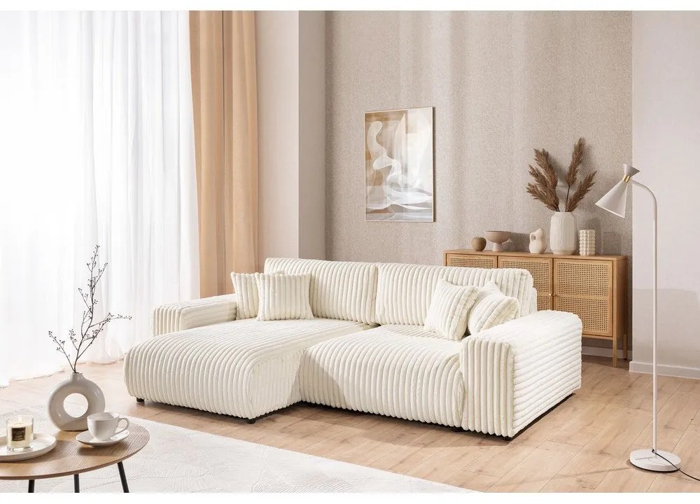 Divano angolare con penisola a sinistra color crema e rivestimento in velluto a coste allungabile e con contenitore Sarina – Ropez