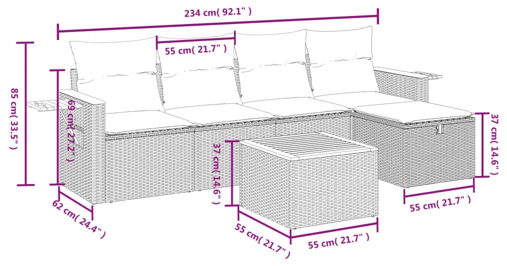 Set divano da giardino 6 pz con cuscini nero in polyrattan