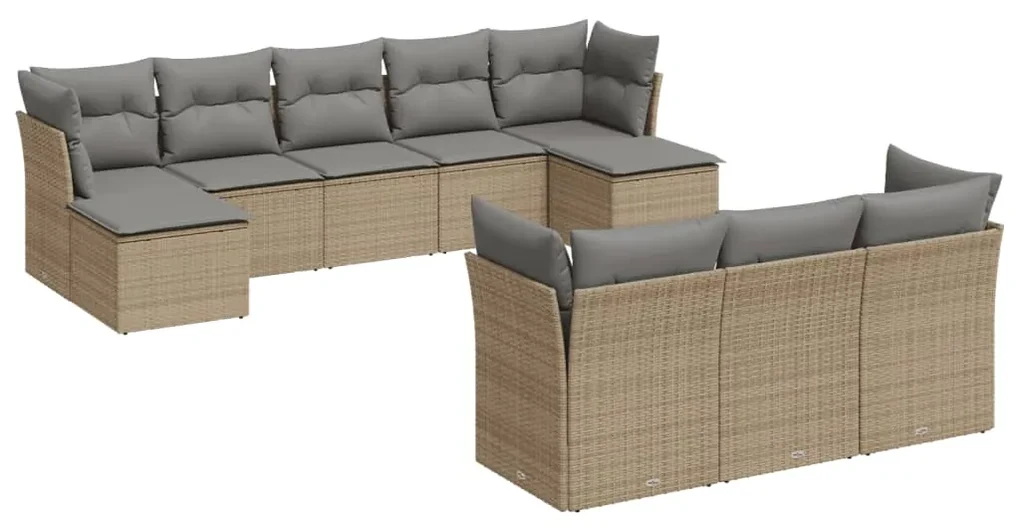 Set divano da giardino 10 pz con cuscini beige in polyrattan