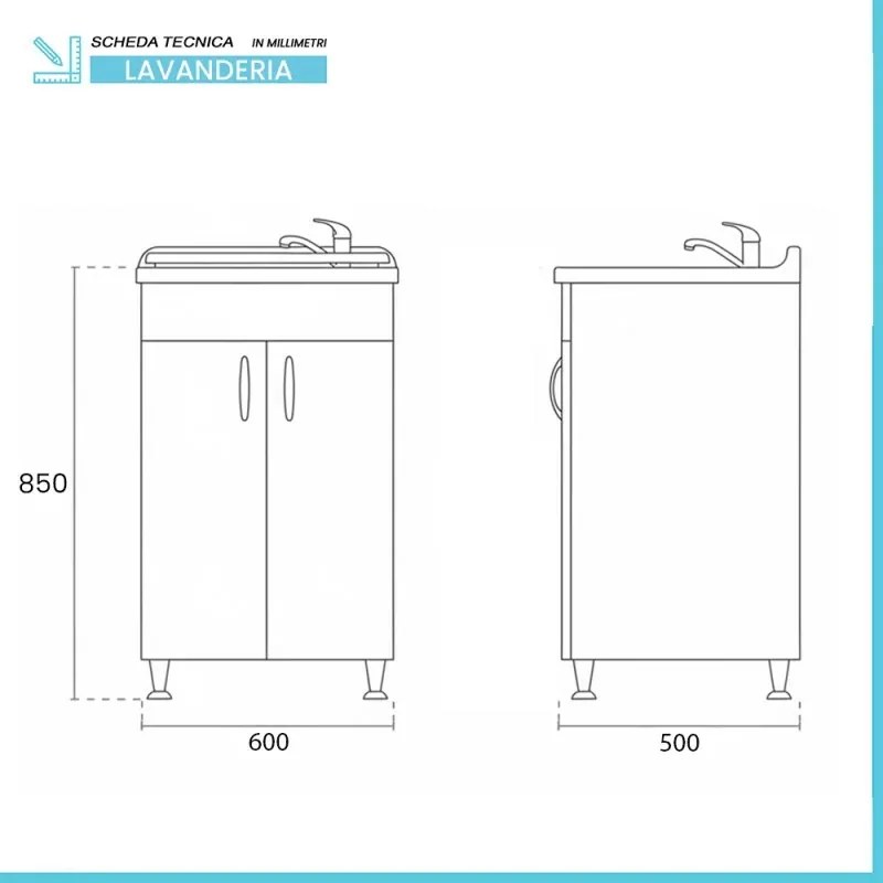 Mobile lavatoio 60 x 50 in legno con asse e kit di scarico incluso Fedra