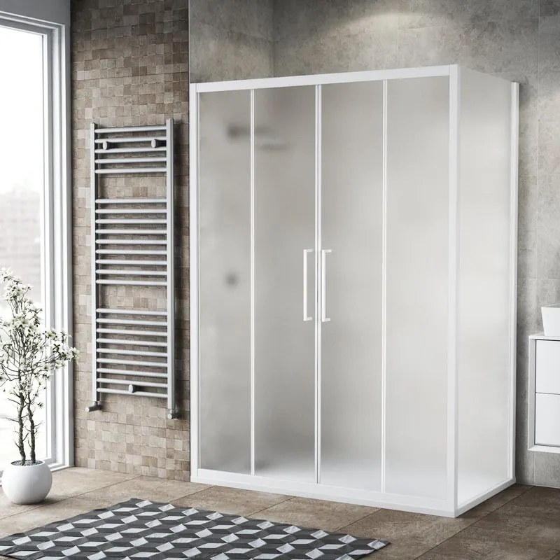 Box doccia con ingresso frontale scorrevole L 150 x H 195 cm, in vetro smerigliato SP. 6 mm, profilo bianco spazzolato Record