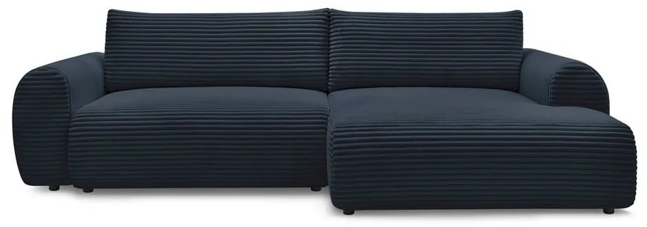 Divano angolare in blu scuro allungabile (con penisola a destra) con rivestimento in velluto a coste Lucien – Bobochic Paris