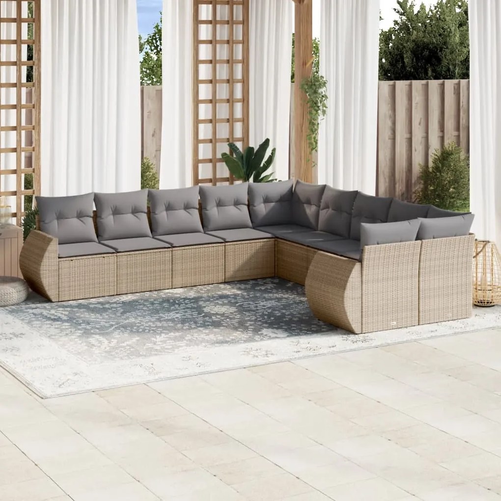 Set divano da giardino 10 pz con cuscini beige in polyrattan