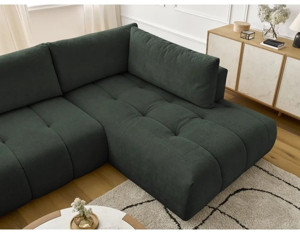 Divano angolare verde allungabile e con contenitore (penisola a destra/a U) con rivestimento in ciniglia Fuji – Bobochic Paris